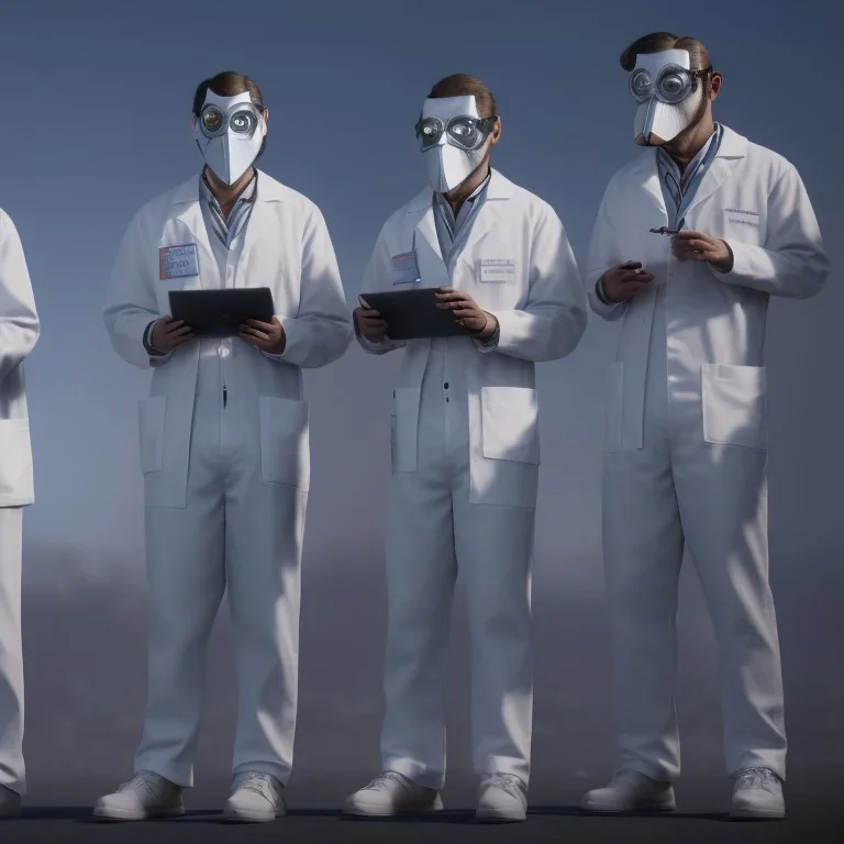 scientists at the computer in carnival masks. the masks are checkered.