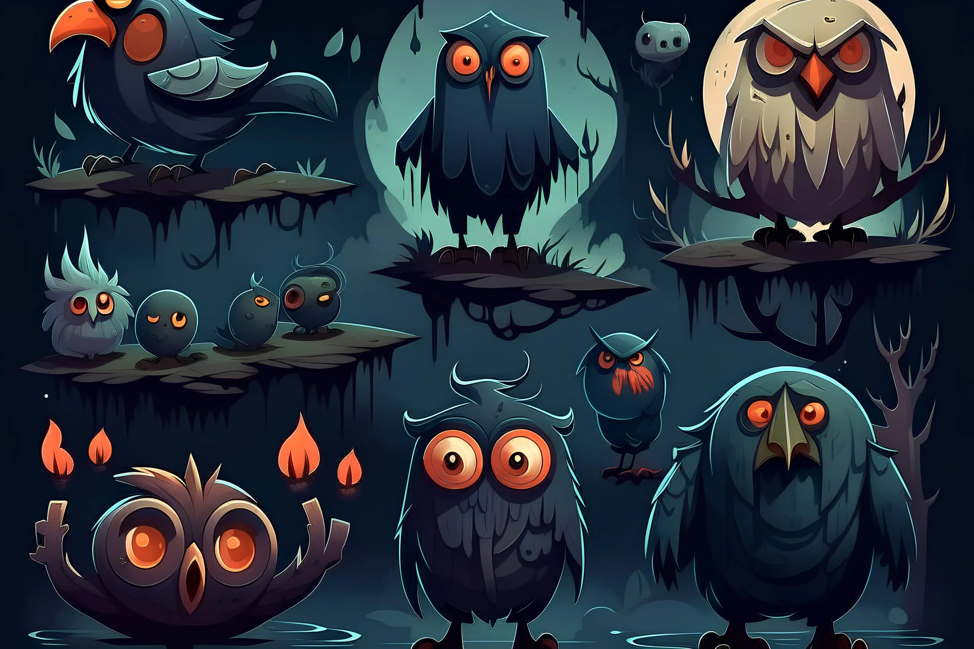 2d game art assets, animals ,moody style, flat art, spooky