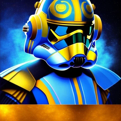 trés beau capitaine galactique, star wars style, avec costumes bleu et or , arrière fond bleu galactique étoilés, casque