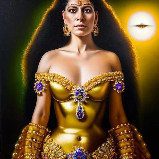 Ultra detailed fullbody Portrait in oil on canvas of Helena (Amazona de Ouro de Áries) , extremely detailed digital painting, extremely detailed face,crystal clear Big Glowing eyes, mystical colors ,perfectly centered image, perfect composition, rim light, beautiful lighting, 8k, stunning scene, raytracing, anatomically correct, in the style of robert e howard and Ken Kelley and Ohrai Noriyoshi and Simon Bisley and tomzj1