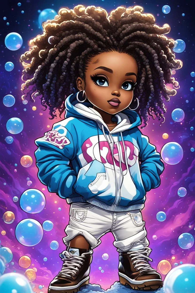 Create an colorful psychedelic comic book illustration of a chibi cartoon black female thick curvy wearing a cut of blue and white hoodie and white jeans and timberland boots. Prominent make up with long lashes and hazel eyes. Highly detailed shiny sister locs. Background of a large bubbles all around her