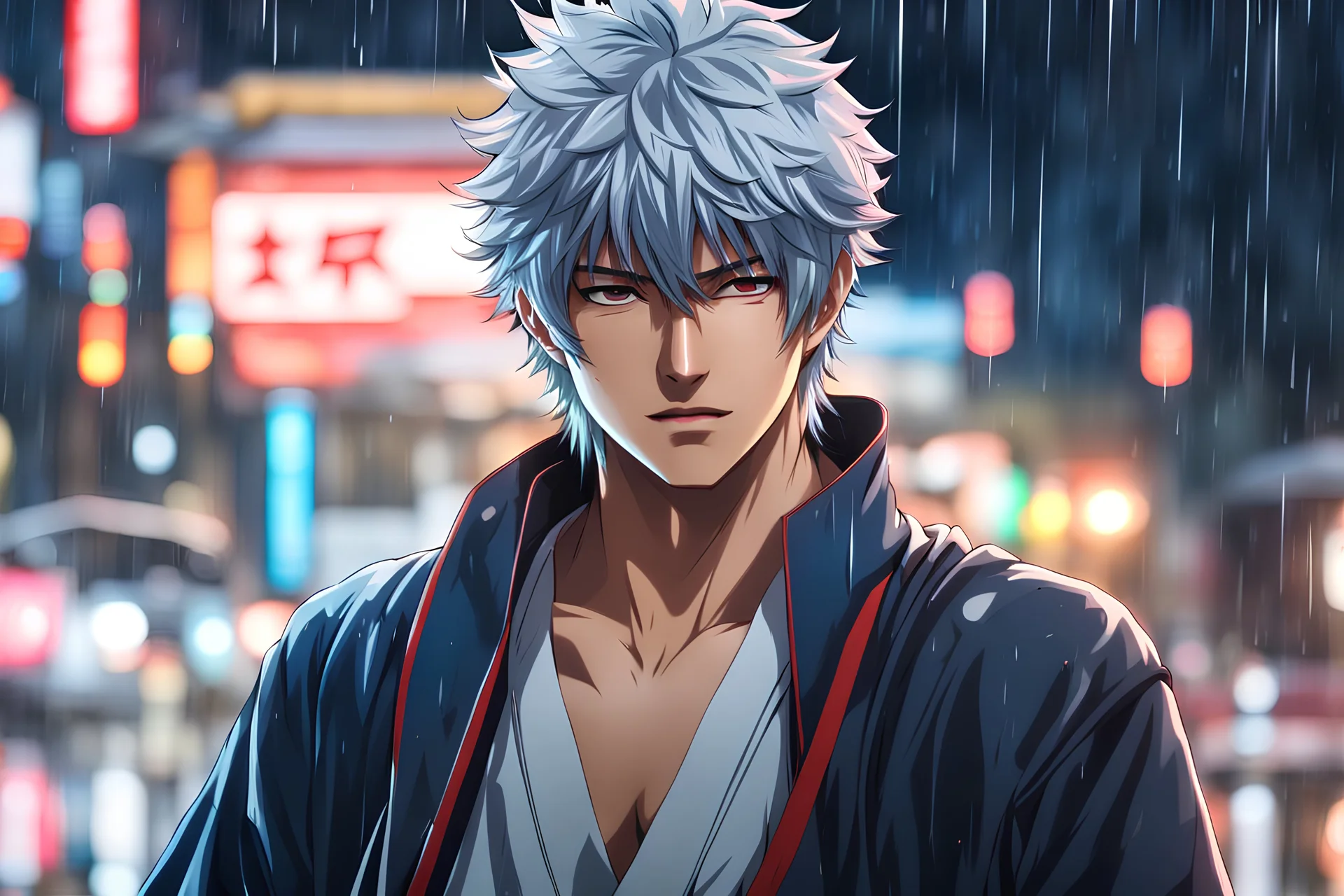 Gintoki in 8k 2D anime realistic drawing style, Japanese costum, close picture, rain, japan, neon, highly detailed, high details, detailed portrait, masterpiece,ultra detailed, ultra quality