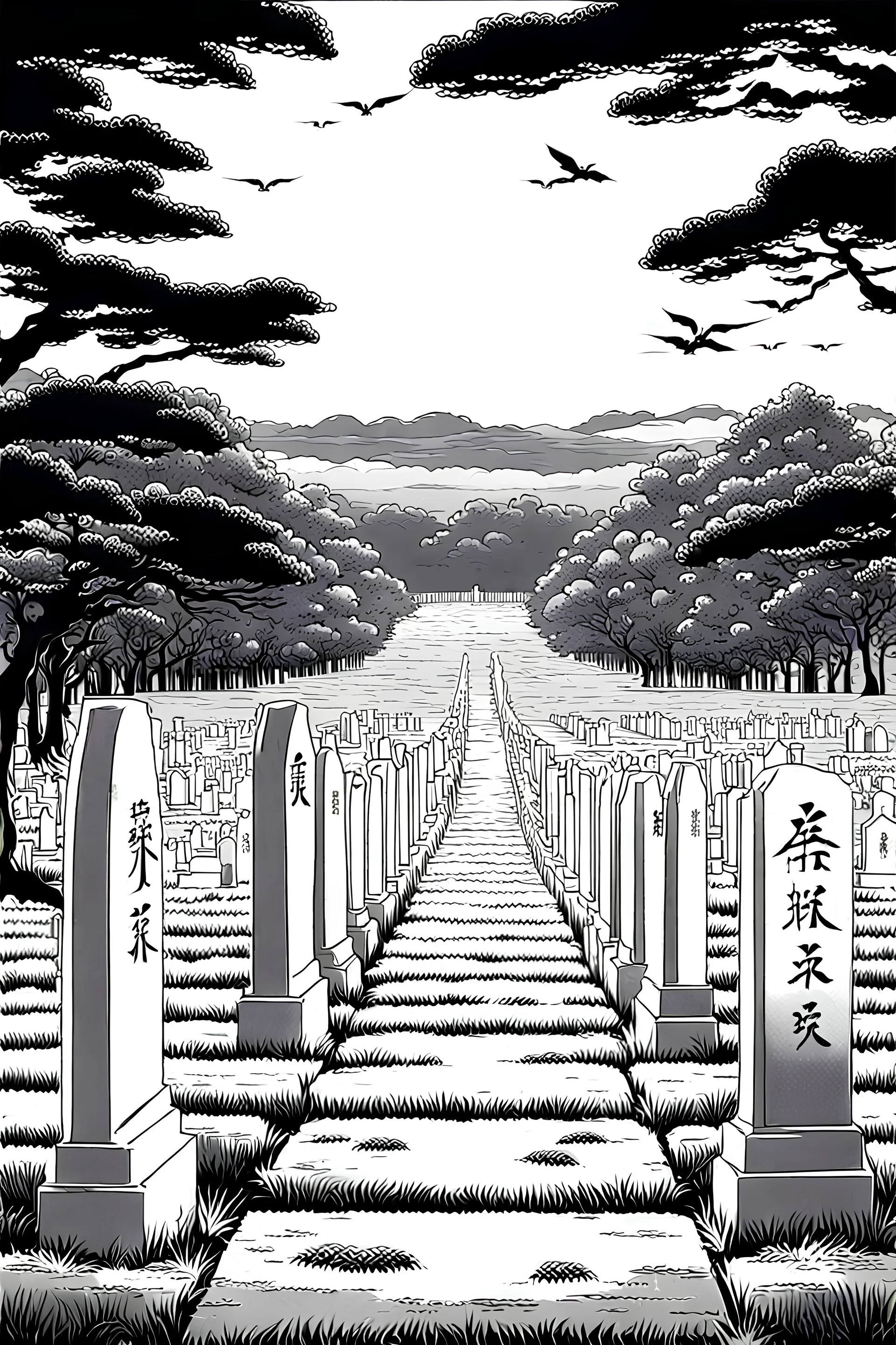 landscape, Japanese open air flat cemetery with thousand gravestones, high detail, manga style, grayscale