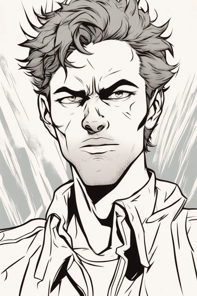 deranged young man with scruffy hair, stubble and a judgmental look on his face comic book style