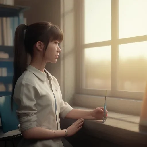 Study girl in classroom by the window ,movie, real photo realistic, unreal engine, cinematic lighting --ar 1:1 creative