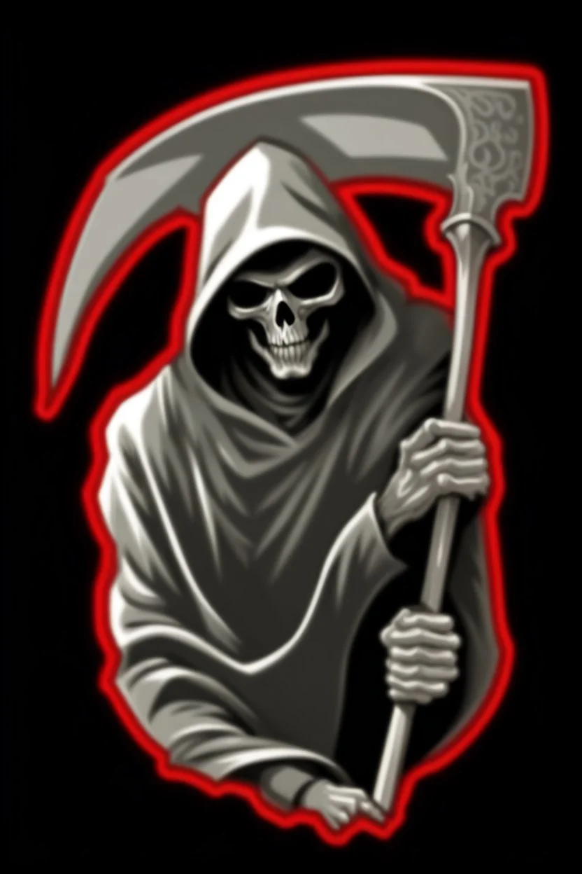 Grim-Reaper gripping scythe, vignette, black and white graphic novel style with a red outline, and black background,