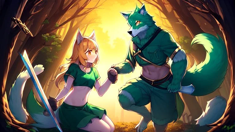 Girl, boy ,wolf muzzle, long green hair, green wolf ears,3 wolf tail, open navel, short blue shirt,animal tail, wolf paws hand, orange eyes, sword, animal fur on feet, night in forrest