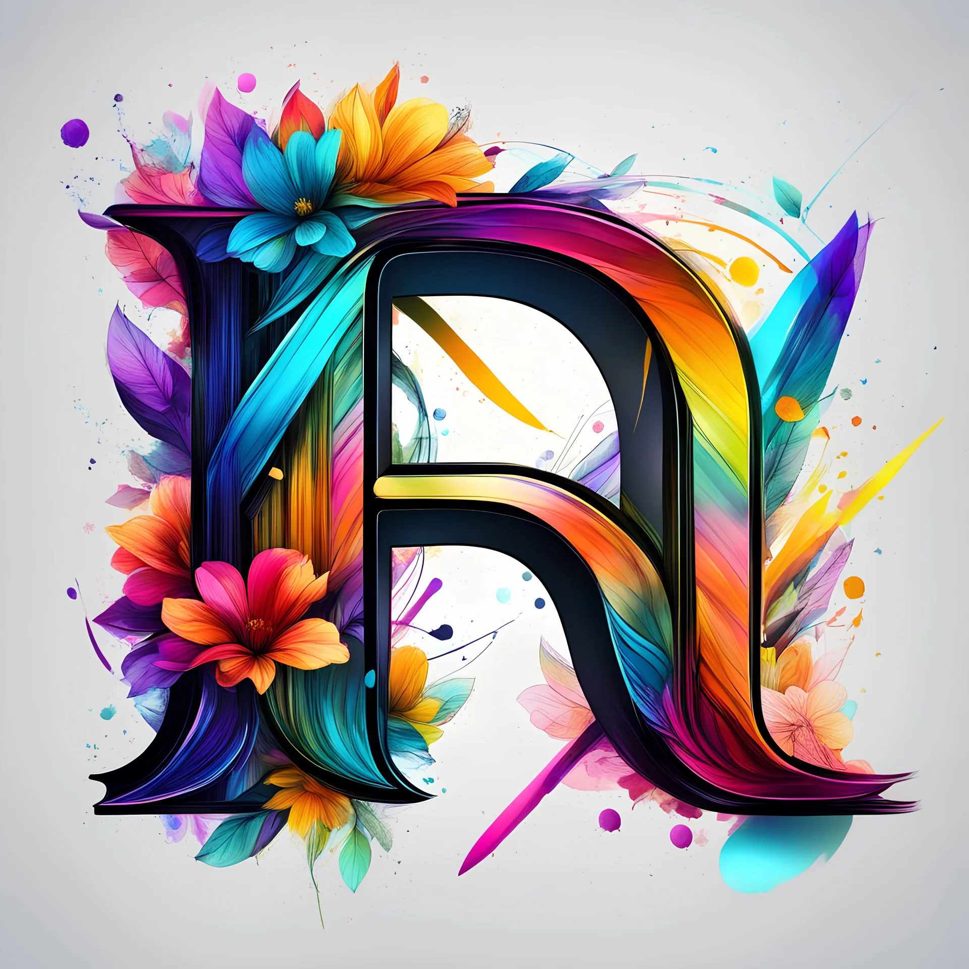 Creative sketches of the letter N with digital art element, bold letter color, clear precise drawing, flowers by the letter, Magic, image composed of refracted partitions with bands of bold ink lines, colorful brush strokes, high quality. 4k