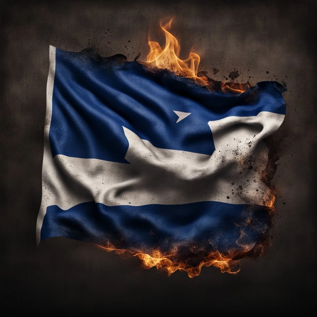 Hyper Realistic close-up view of burnt israel flag on dark rustic background