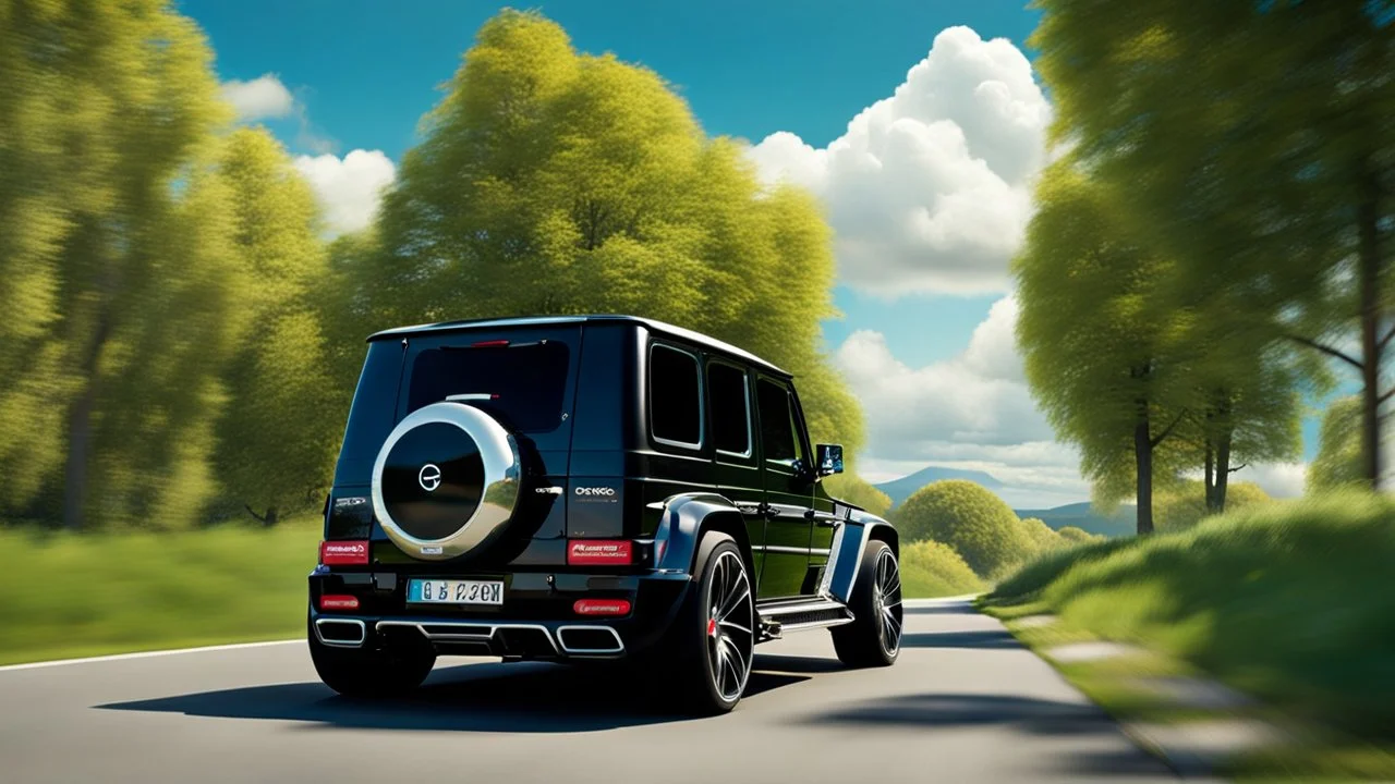 A sleek rear view of (((a cross of G-Wagon and bugatti veyron))), on street, with hill and trees around, a beautiful clouds and sunny weather, 4K, Superdetailed, No mistakes