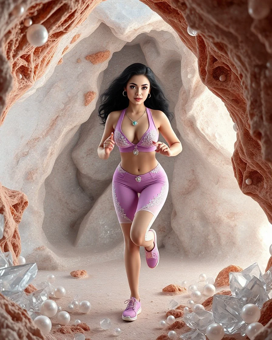 make a picture pretty crystal cave covered with jwellary and 3d recursive cubic and sphere base pearls and a beautiful goddess lady with cute,curvy hair,makeup, in pretty sports suit with jewels is running inside cave ,dynamic camera fallow her inside cave capturing full body, dynamic lights.