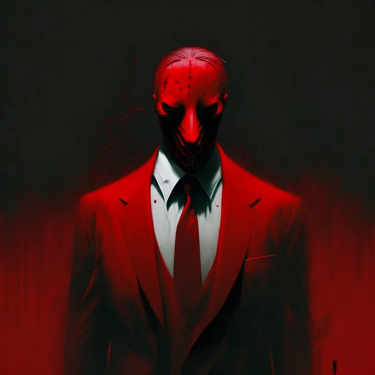 a sinister figure wearing a red suit with a red tie with no face and dirty slicked back hair