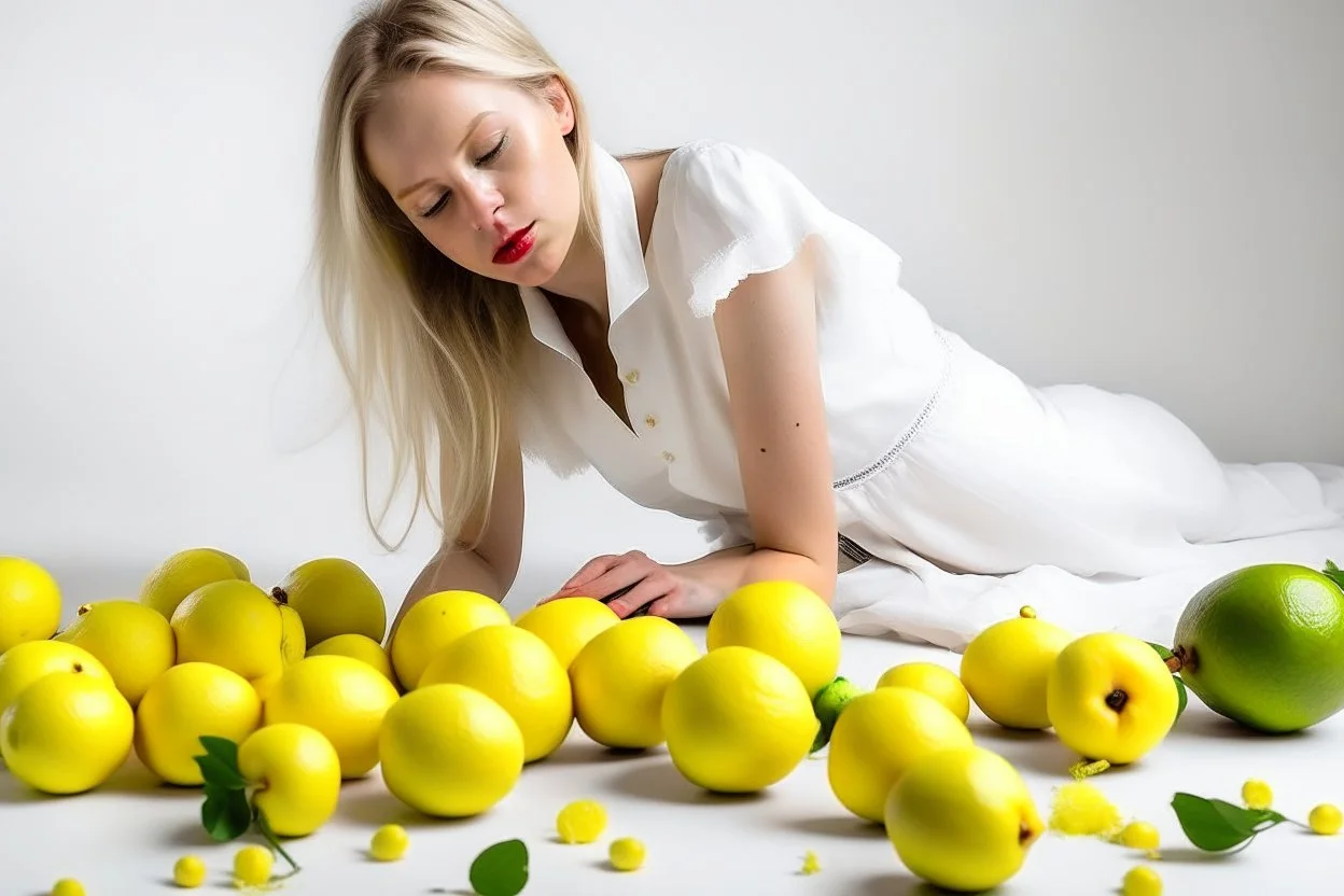 Sobre un fondo blanco de fotografía de estudio, un mujer rubia, vestida con camisa blanca sin abotonar y una amplia falda amarilla, juega con unos limones, por el suelo hay más limones