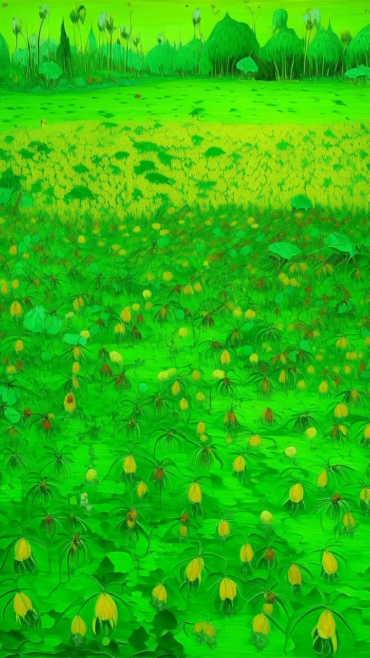 A lime green field filled with bugs painted by Vincent van Gogh