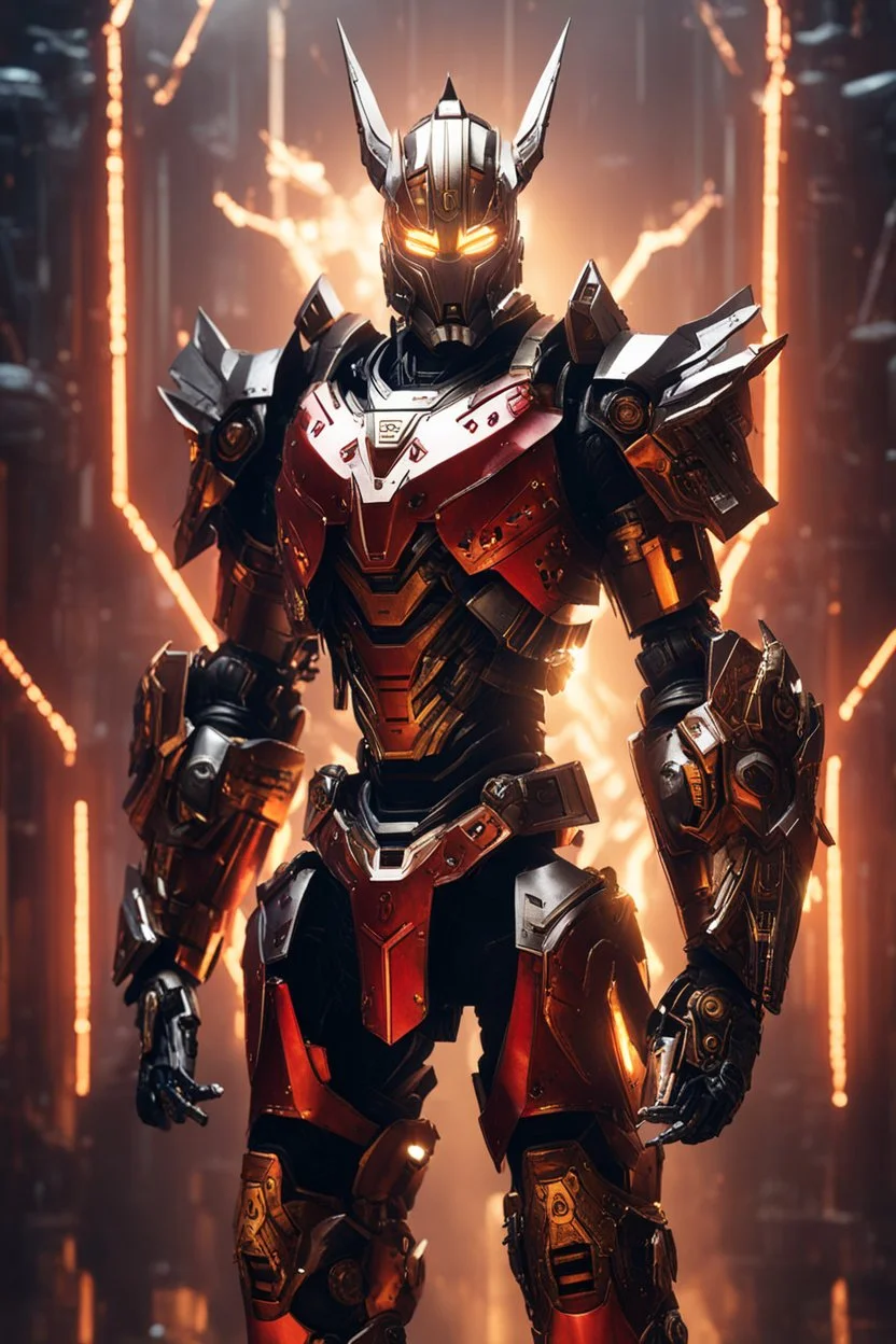 Dark Lord Evil mechanical robo warrior character, anthropomorphic figure, wearing futuristic mecha warrior armor and weapons, reflection mapping, realistic figure, hyperdetailed, cinematic lighting photography, 32k uhd with a golden staff, red lighting on suit, lightning thunder storm background