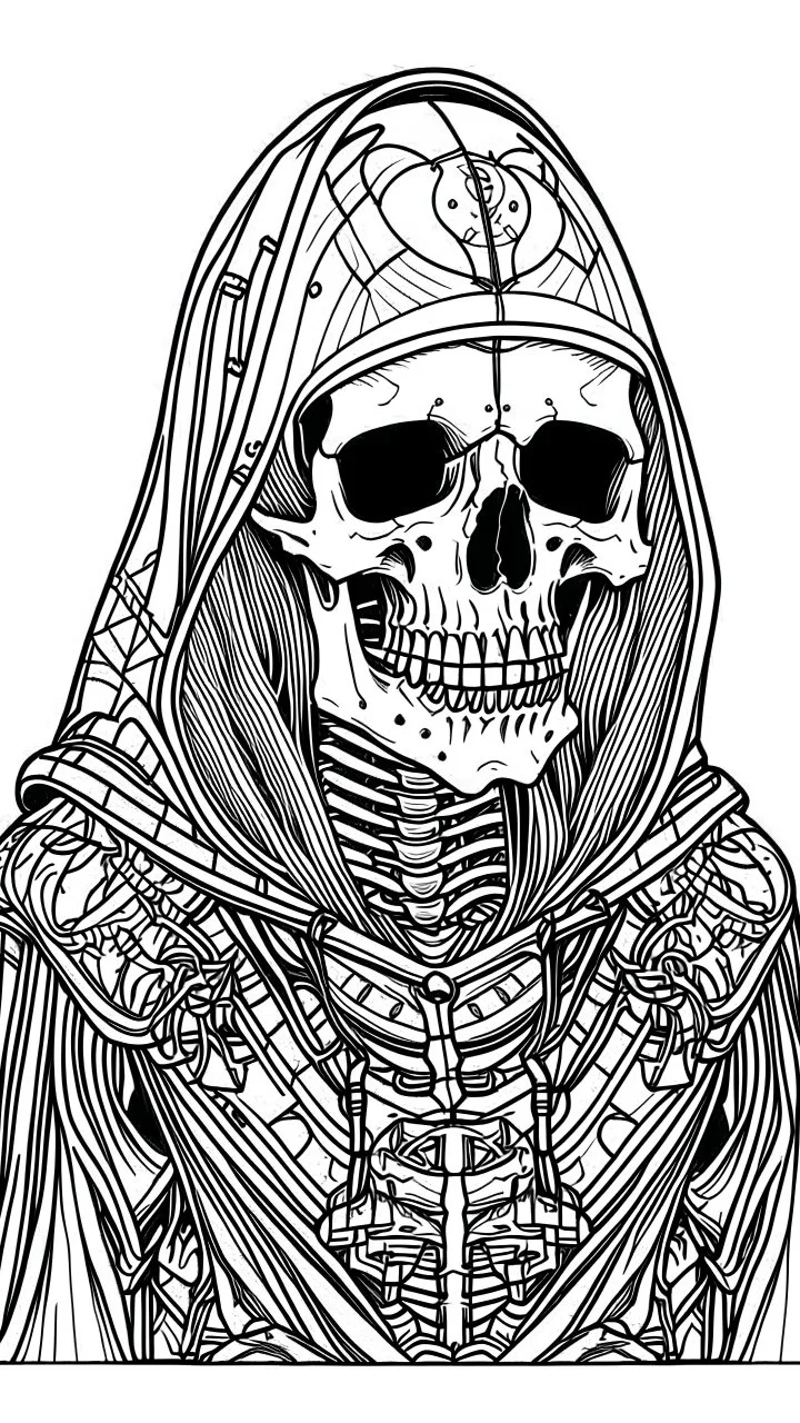 skeleton with hood tattoo, coloring book page, clean line art, adults drawing book, Black and white only, crisp black lines, sharp lines, coloring page for adults, black and white picture, lots of details, full body