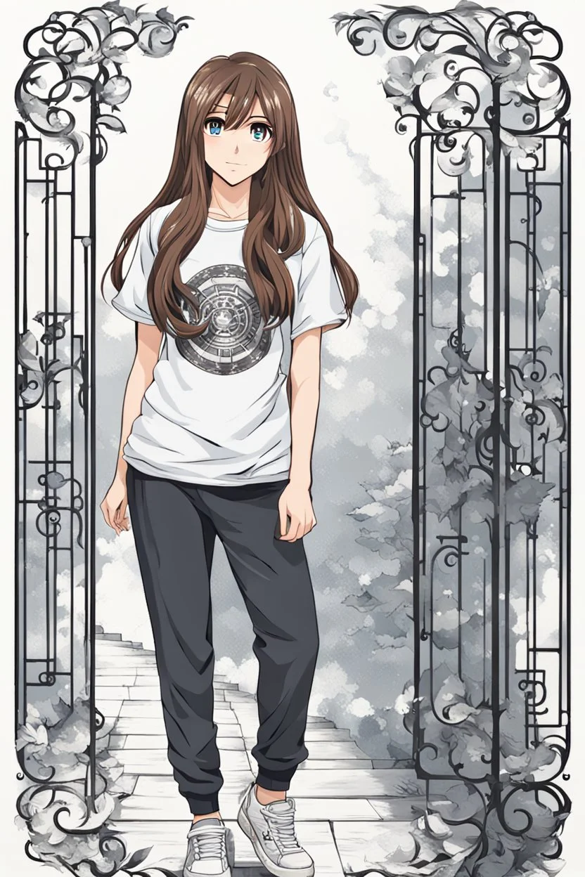 attractive anime woman with brunette long hair, t-shirt and sweatpants, full body in frame,