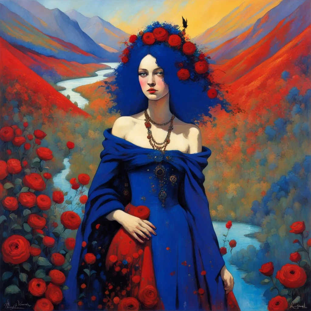 Art by Alice Rahon, Richard Burlet, Odilon Redon, Raymond Swanland, Andrey Remnev, Conrad Roset; Rebellious ravishing girl Rachel, regal in royal blue and ribuli, roaming through the radiant realm of the rainbow river valley with her ruby colored hair, meets a rare raven in a rolling hills of resplendent roses and rustling reeds, under a riotous reflective hues sky.