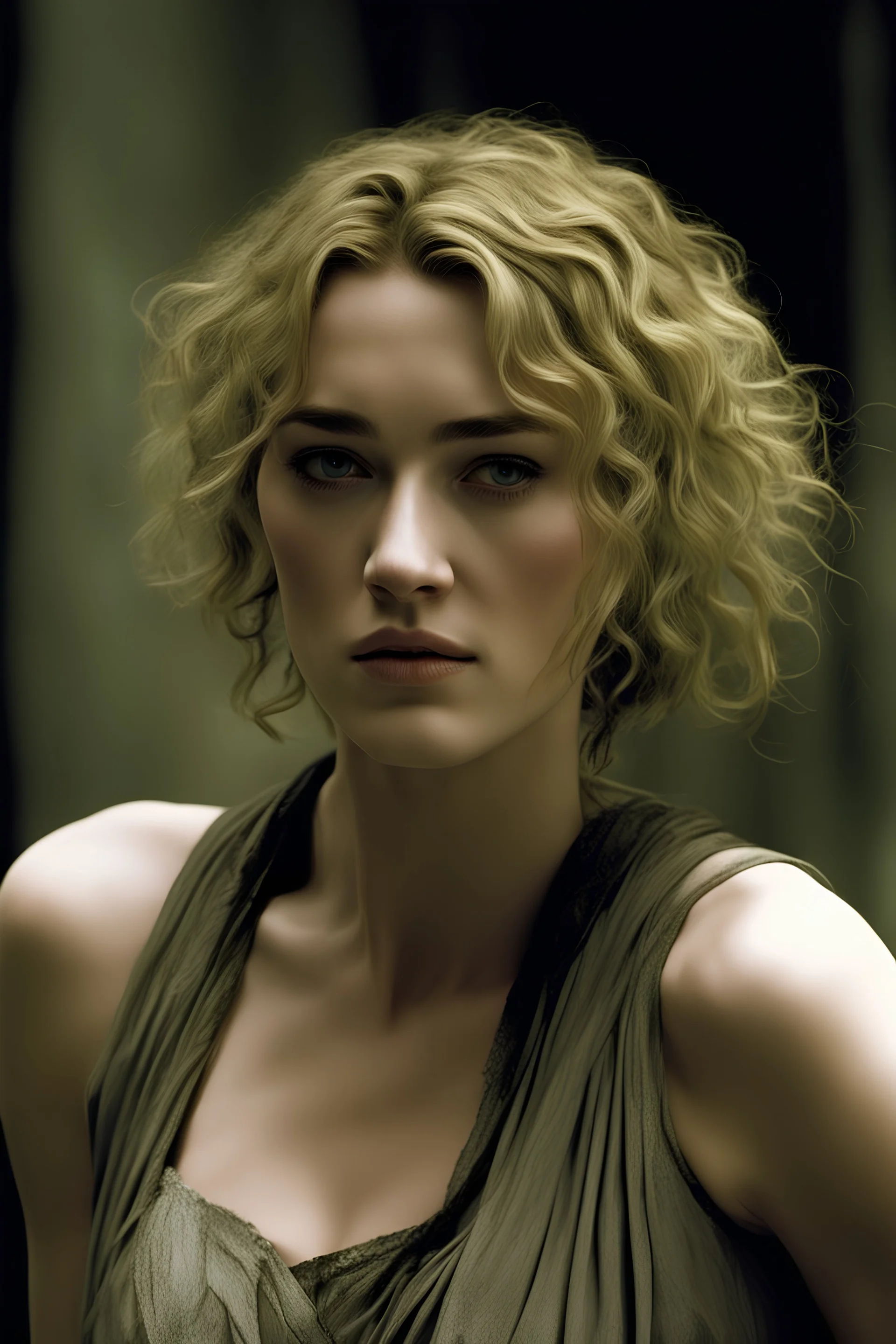 create a young artist (Kate Winslet) in half body looking at the camera, pistachio hair, dress style dress like in the film The Hunger Games, designer Trish Summerville, highly detailed facial features, grainy, rough textures, foreboding, dramatic otherworldly and ethereal lighting