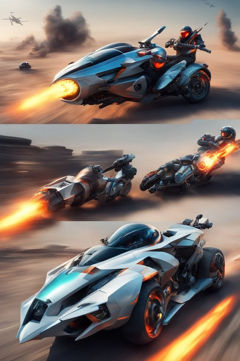 A combination of ultra-advanced car and crazy Max fighter, super sporty, with color and nano technology An advanced motorcycle with four wheels and a turbo jet in the back with rockets and machine guns,At war with humans