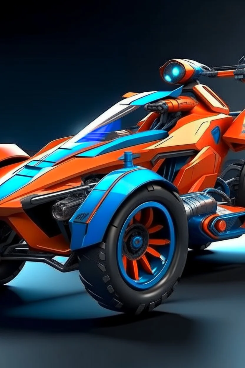 A combination of ultra-advanced car and crazy Max fighter, super sporty, with color and nano technology An advanced motorcycle with four wheels and a turbo jet in the back with rockets and machine guns