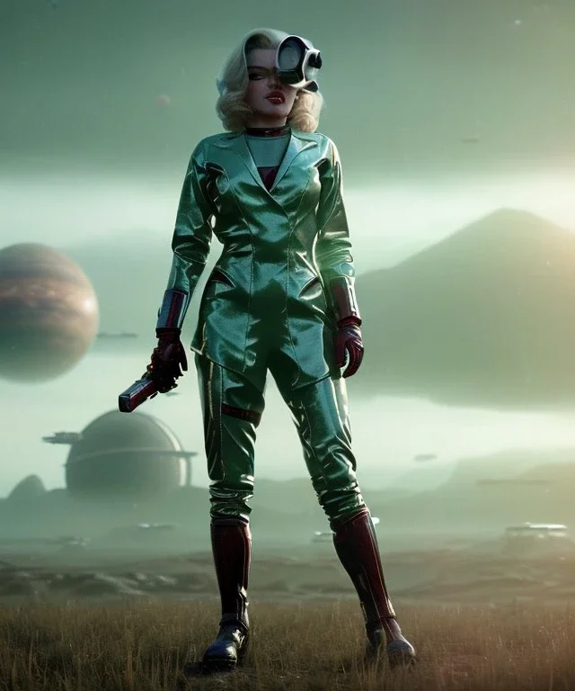 Ultra Realistic retro sci-fi scene, portrait, 2 blonde woman clones, sweet young Marilyn Monroe face, perfect iris, tight latex coat, helmet, Strange planet background. Spaceship, fog, rain, soft color, highly detailed, unreal engine 5, ray tracing, RTX, lumen lighting, ultra detail, volumetric lighting, 3d, finely drawn, high definition, high resolution.