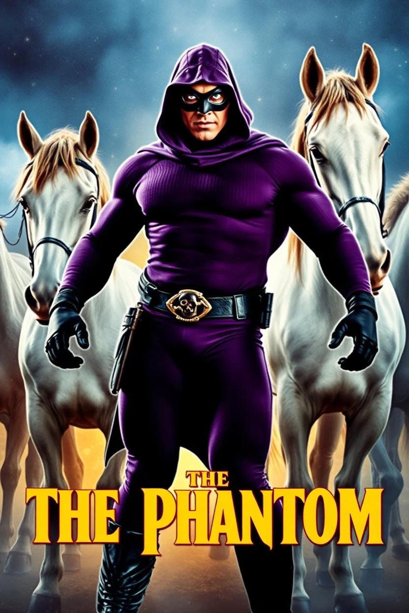 Movie Poster - ((("THE PHANTOM"))), extremely thick, muscular, 6'6'' 18-year-old Billy Zane with extremely exaggerated muscles as the Phantom, long-sleeved, textured, padded purple cotton bodysuit with skintight, formfitting textured purple cotton cowl with ((black eye mask)) and widow peak, black gloves and wrist gauntlets, black boots, double holstered utility belt, skull-shaped belt buckle, glowing, white eyes, standing next to his white horses, captured in a breath-taking explosion of color,