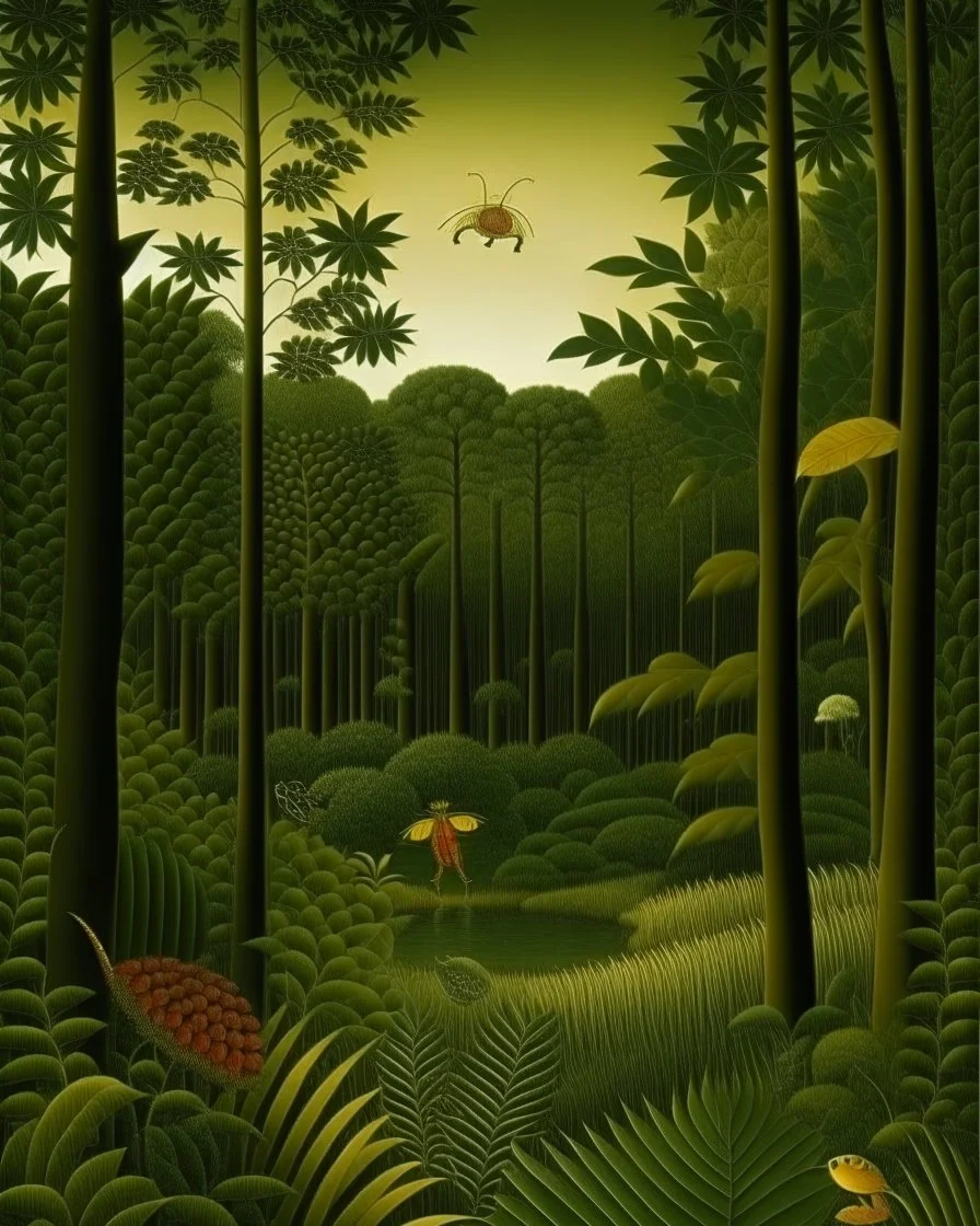 A jungle filled with insects painted by Henri Rousseau