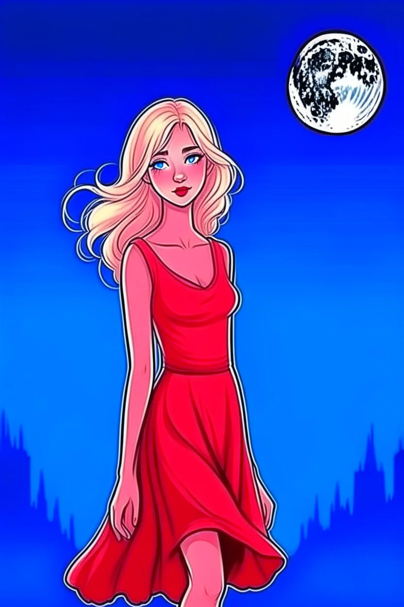 Blonde girl, white skin color, blue eyes, standing in the moonlight, handdrawn, red dress