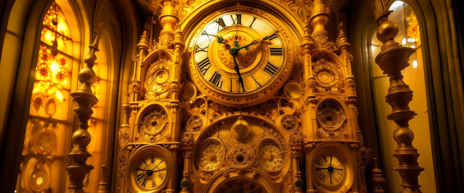 A golden yellow luminous carnival with clocks and hourglasses painted by Antoni Gaudi