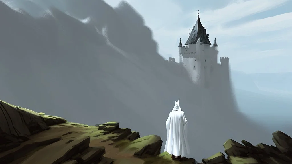 Sorcerer in white robe and hood approaches castle on a cliff