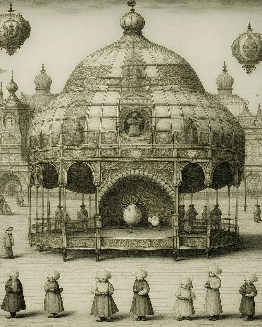 A light gray Russian like carnival with mechanical rides designed in Matryoshka dolls painted by Albert Pinkham Ryder
