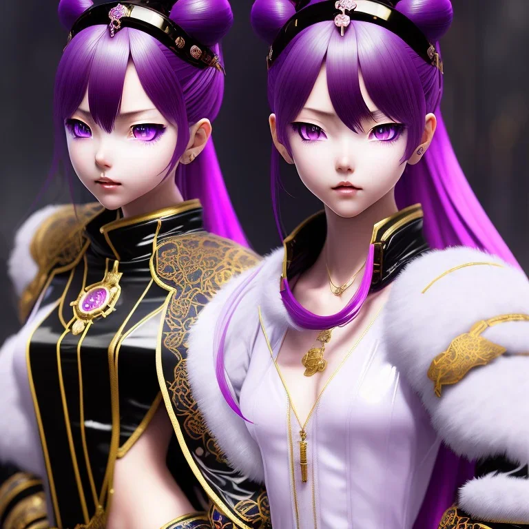 Detailed cute anime Kunoichi girl, purple hair buns, purple bangs, black latex bodysuit, intricate details, full body portrait, keep head in frame, slight smile, black Japanese motif, concept art, highly detailed, digital painting, concept art, sharp focus, illustration, art by Yoji Shinkawa, WLOP and greg rutkowski and alphonse mucha and artgerm and yanjun Chen and Junji ito and Makoto Shinkai, HDR, octane render