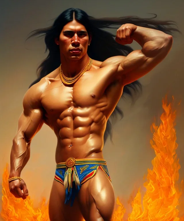 native american warrior, long black hair, dancing on top of fire, big muscles, loincloth, shirtless, 8k resolution concept art portrait by Greg Rutkowski