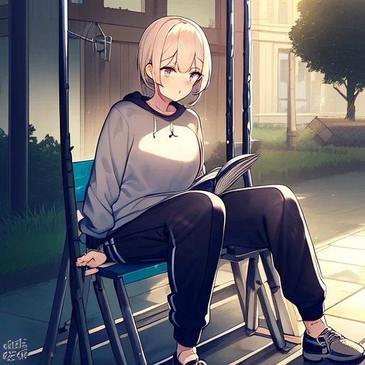 anime girl writing with a pencil in a book sitting on a porch swing of a very old house in the rain, wearing jogging pants and a sweatshirt