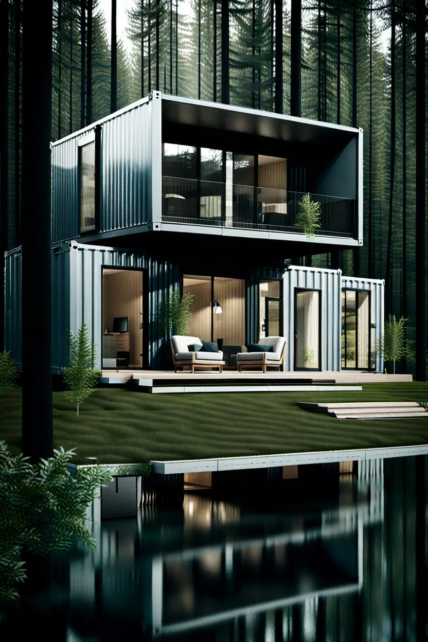 Medium sized, modern house in the woods made from shipping containers, photorealistic