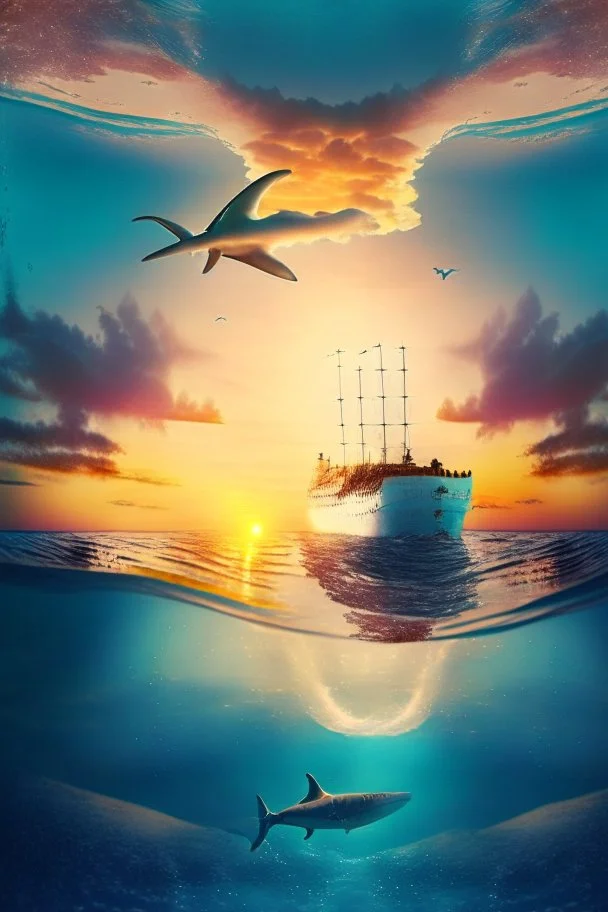 beautiful Hallmark card, photograph view from underwater, in the distance is an old tall ship. romantic sunset horizon. shark in the water next to a boy floating and waving goodbye to the ship.