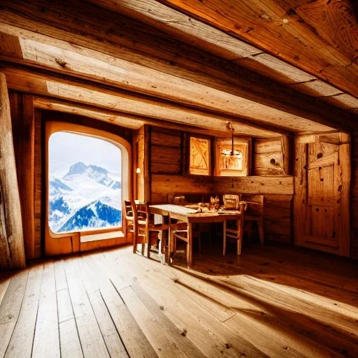 Mountain hut interior, Austrian aesthetic, warm colors, wooden floor, night time, 8k, HD, cinematography, photorealistic, Cinematic, Color Grading, Ultra-Wide Angle, Depth of Field, hyper-detailed, beautifully color-coded, insane details, intricate details, beautifully color graded, Cinematic, Color Grading, Editorial Photography, Depth of Field, DOF, White Balance, 32k, Super-Resolution, Megapixel, ProPhoto RGB, VR