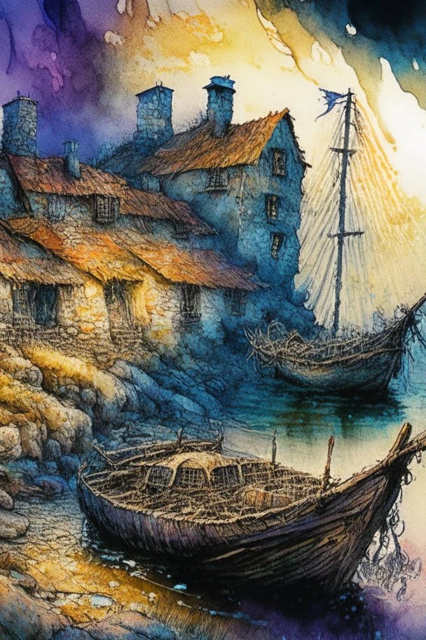 an old Irish fishing village, Jean-Baptiste Monge style, surreal, a masterpiece, razor-sharp focus, dynamic lighting, watercolor and ink concept art extremely detailed psychedelic 8k beautiful high detail high definition colourful matte background Michelangelo Van Gogh colorful dramatic lighting fine art reflections whimsical National Geographic photography Alexander Archipenko Romantic Impressionism Fantasy illustration Romantic realism