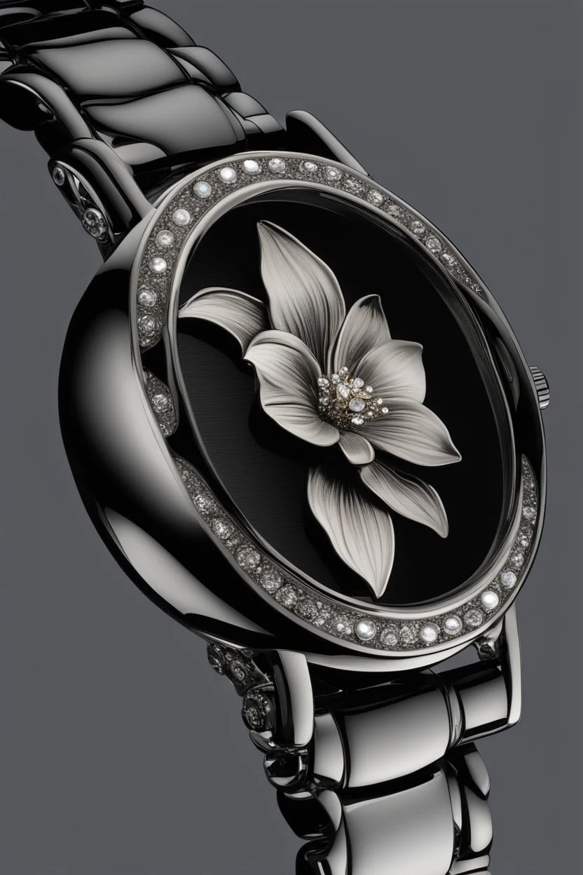 Black wristwatch Embellished with silver With a silver lily flower