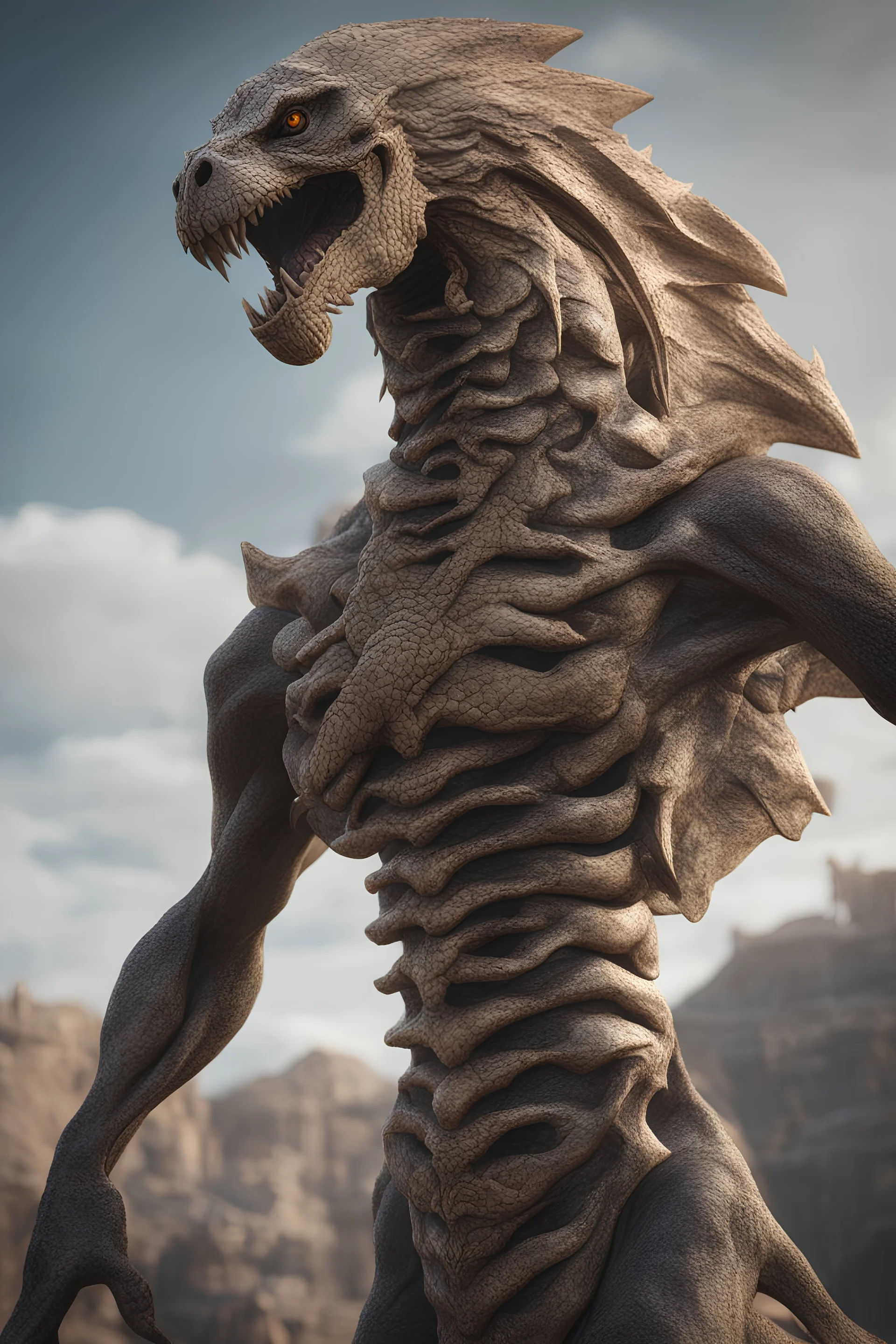 Bone Naga. full body shot. fantasy and horror setting, Cinematic lighting, Volumetric lighting, Epic composition, Photorealism, Very high detail, Character design, Unreal Engine, Octane render, HDR, Subsurface scattering, fantasy art,