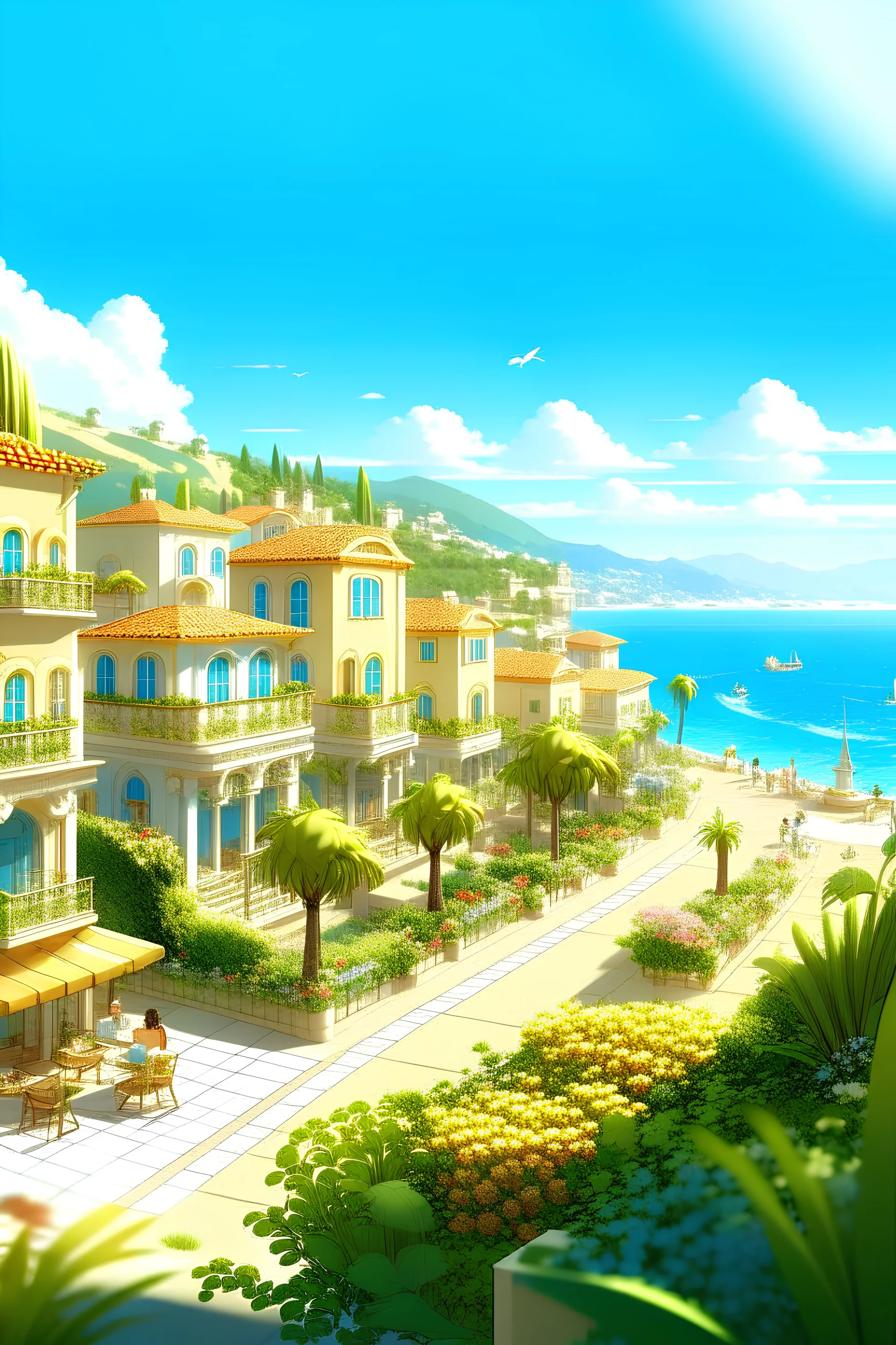 un barrio a orillas del mar azul y transparente, repleto de casas grandes y lujosas, edificios y negocios hecho de oro, vidrio y piedras preciosas. Con arboles, palmeras y flores y plantas tropicales, personas caminando en un día de mucho sol y de verano