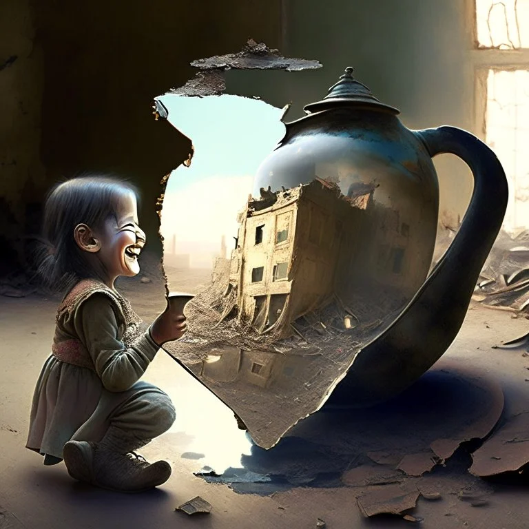 A teapot is shining and a laughing child is looking at it. The child’s image is reflected inside the teapot and behind the child is the reflection of a destroyed city.