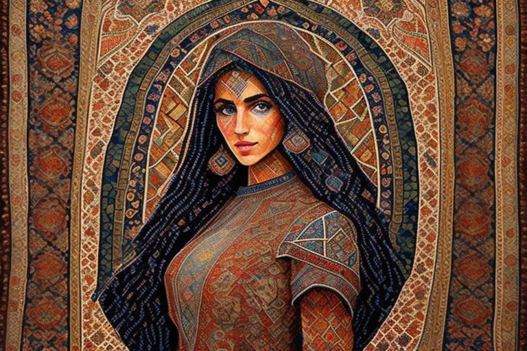 An intricate mosaic Iranian carpet from the Byzantine era in the center of the painting Beautiful gypsy girl.