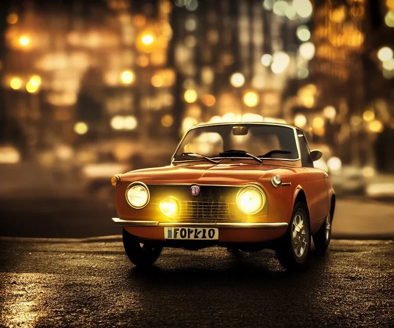 fiat 125p, city. high speed. bokeh. lens flare. warm lights. high detailed. oil on canvas