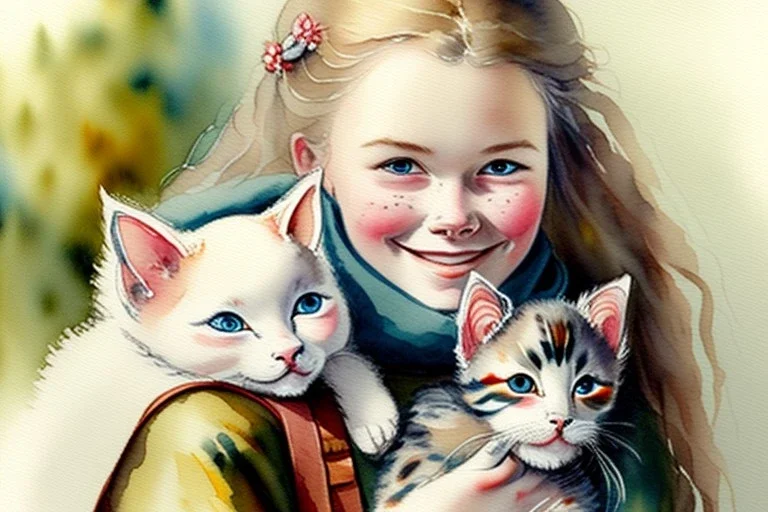 A cute smiling Norwegian girl is holding a kitten. Watercolour