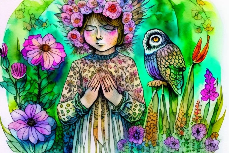 thankful praying owl girl in flowergarden in sunshine, watercolor and ink