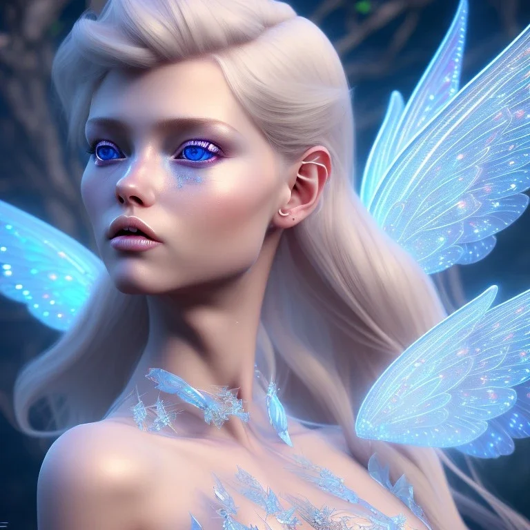 beautiful blonde fairy, blue eyes, in a magical ambiance, transparent wings, delicate colors, finely tuned detail, ultra high definition, 8 k, unreal engine 5, ultra sharp focus