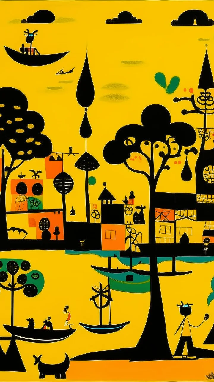 A yellow sky with floating islands designed in Javanese shadow puppets painted by Stuart Davis