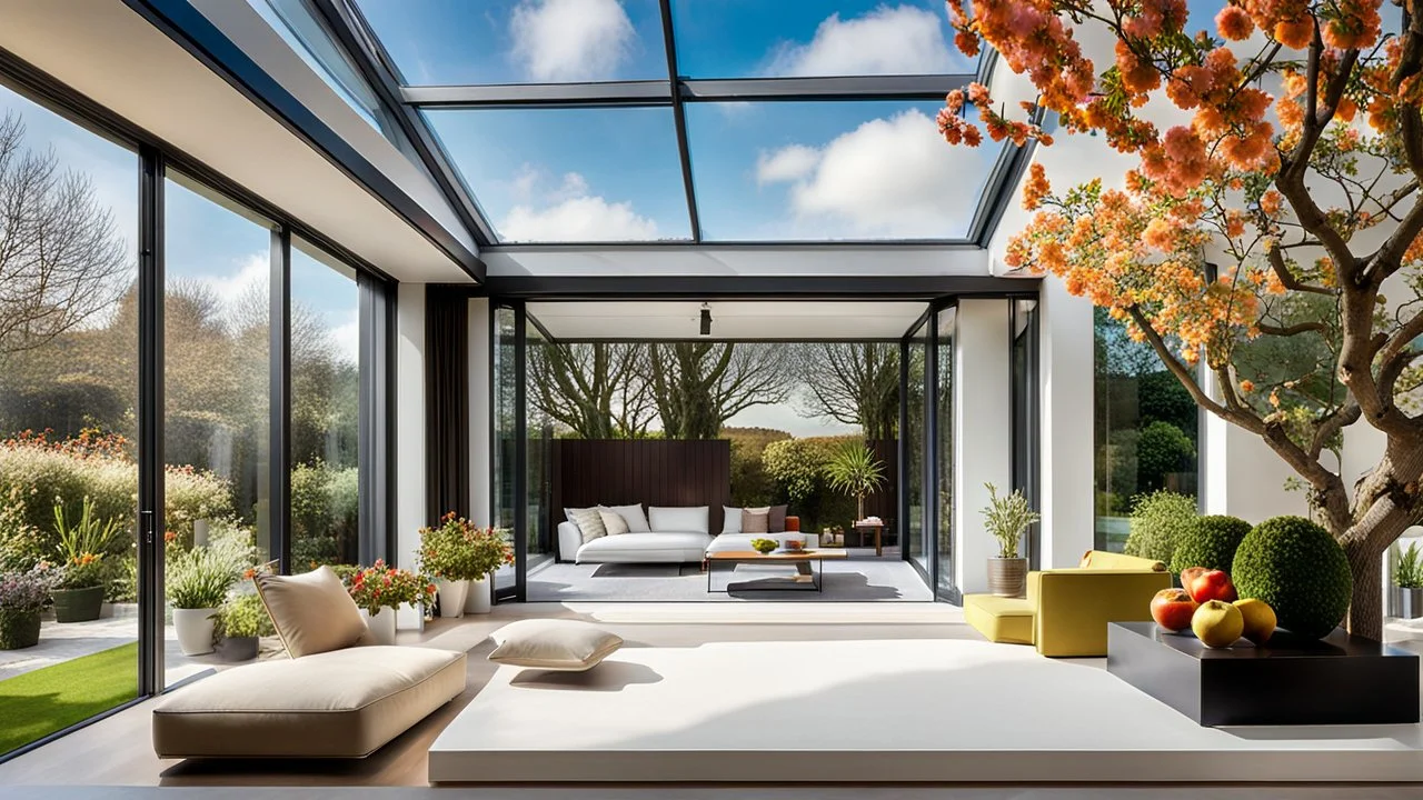 Beautiful modern luxurious minimal domestic living room, floor-to-ceiling sliding windows look out onto attractive flower gardens and fruit trees. Beautiful delicate roof-lantern adds extra daylight and view of the sky. Room is light, comfortable, peaceful, welcoming and tasteful. The home was recently the winner of a national architecture award. Afternoon, springtime, blue sky with small clouds.